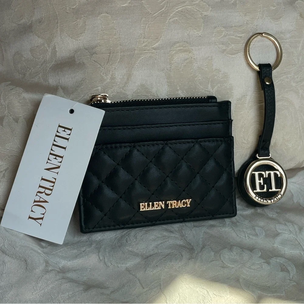 1261. Ellen Tracy Quilted Black‎ Card Holder with Gold Accents